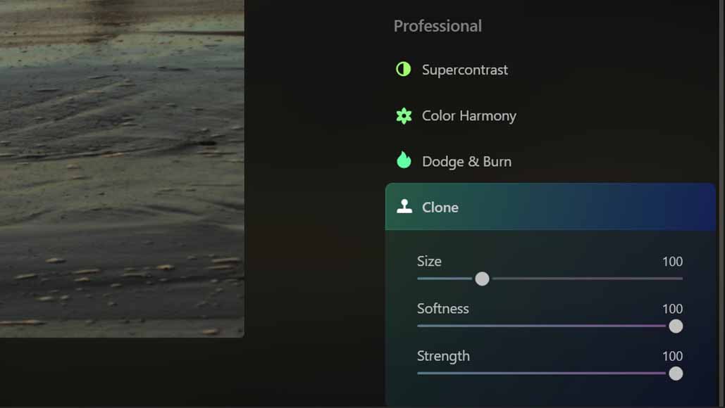 The clone tool options in Luminar Neo