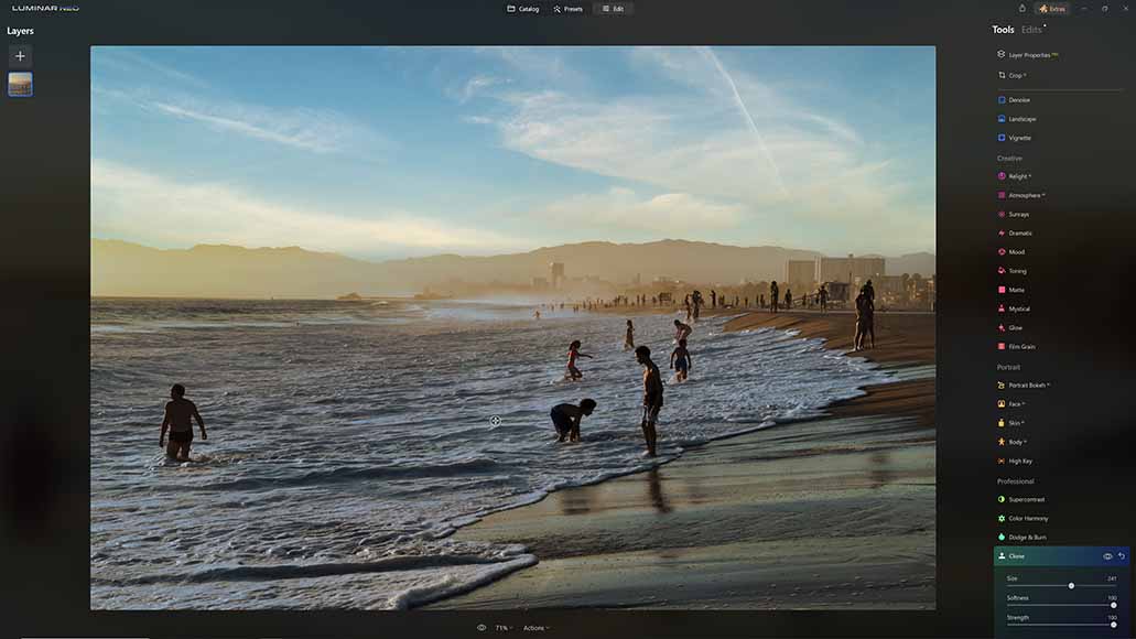 Using the Luminar Neo clone tool to select a portion of sea from a photograph