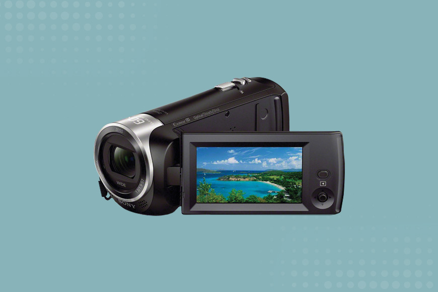 a Handycam with a blue background.