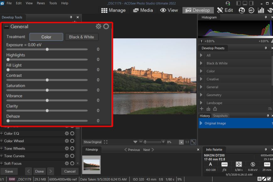 Develop image panel in ACDSee Photo Studio Ultimate