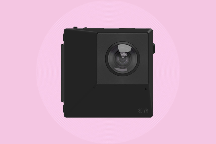 a camera on a pink background.