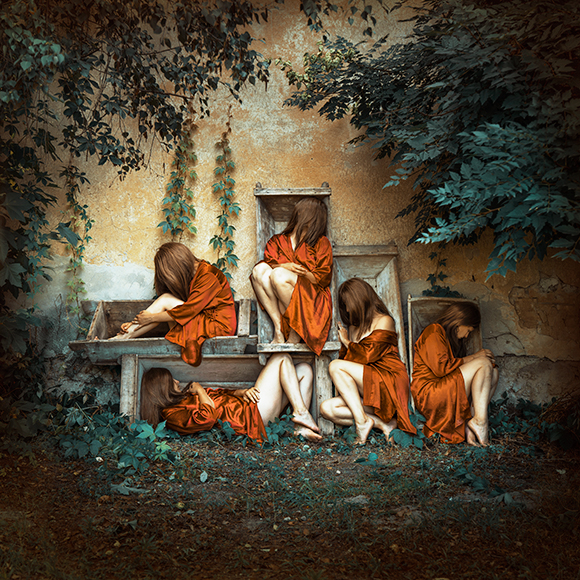 a painting of a group of women sitting on a bench.