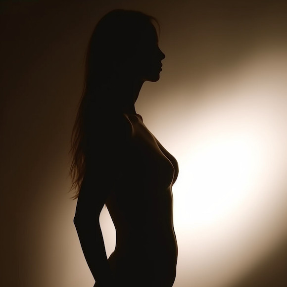 a silhouette of a woman with long hair.