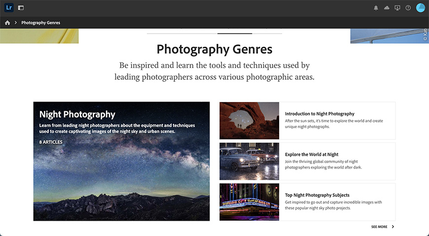 A screenshot of the Photography Genres section of Lightroom Academy 