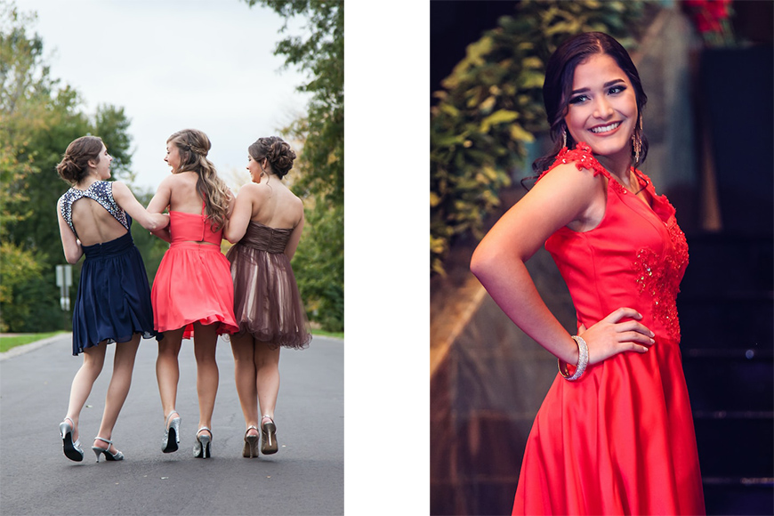 Two pictures of women dressed for prom