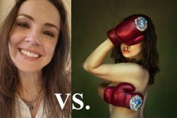 a woman wearing red boxing gloves next to a picture of a woman wearing red boxing.