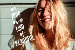 a woman with long blonde hair and a smile on her face with a cute quote on it