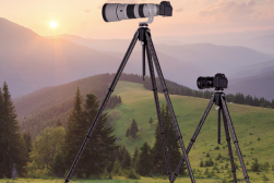 a camera set up on a tripod in a field.