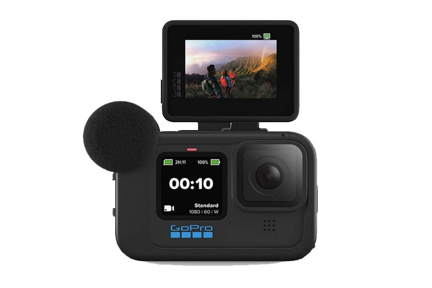 a gopro camera with a microphone attached to it.