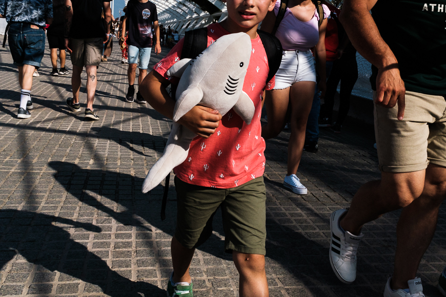 a young man holding a stuffed shark in his hands.