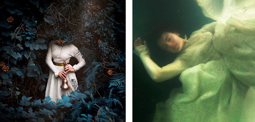 a woman in a white dress under water.