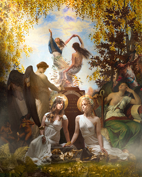 a painting of a group of women surrounded by trees.