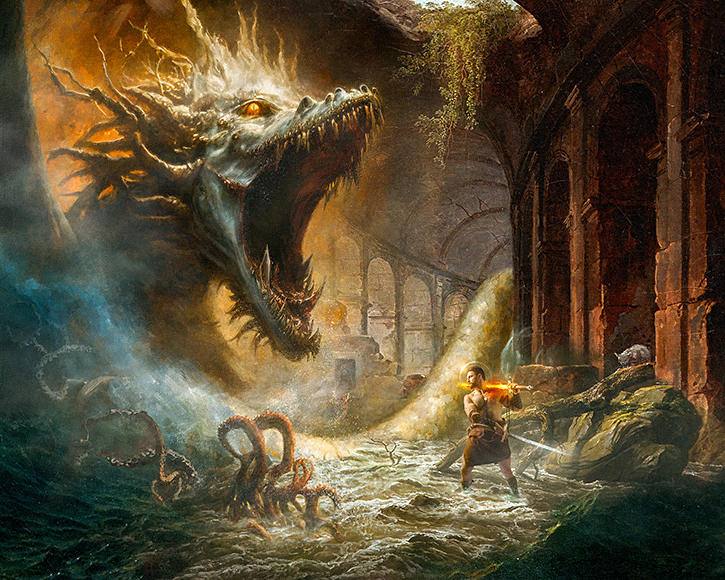 a painting of a dragon attacking a man.