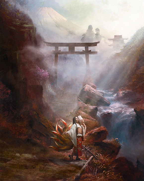 a painting of a man and a woman standing in front of a waterfall.