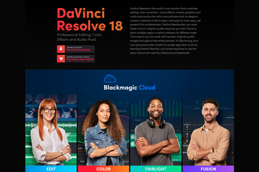 a screenshot of DaVinci Resolve 18 homepage