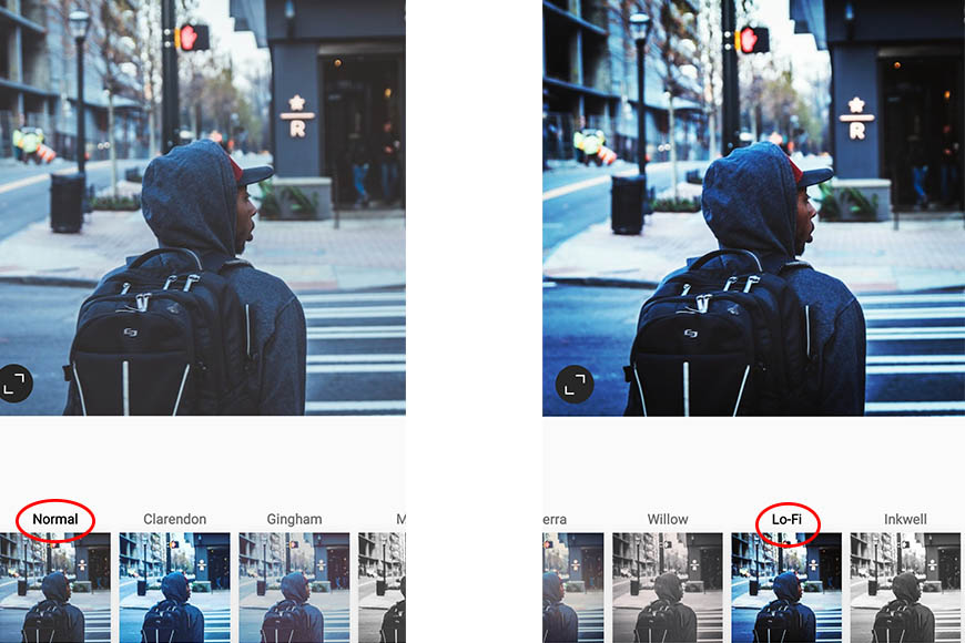 comparison of two pictures of a person with a backpack.