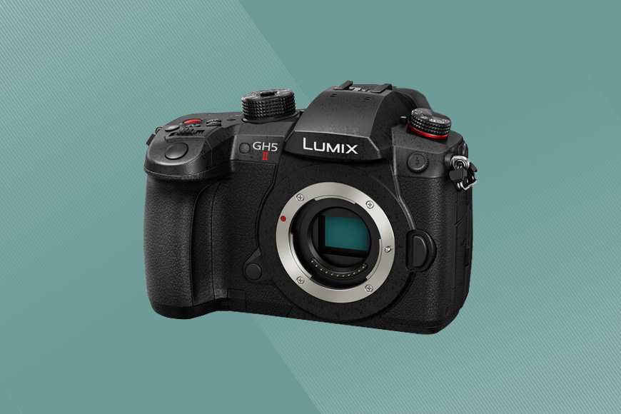 a Panasonic LUMIX GH5 II camera on a green background
