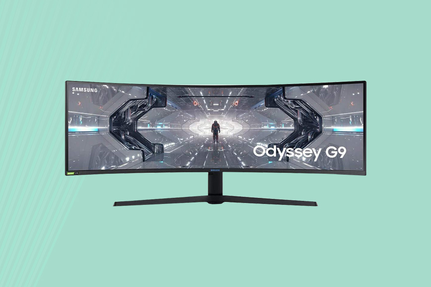 a cSAMSUNG Odyssey G9 49" on a green background