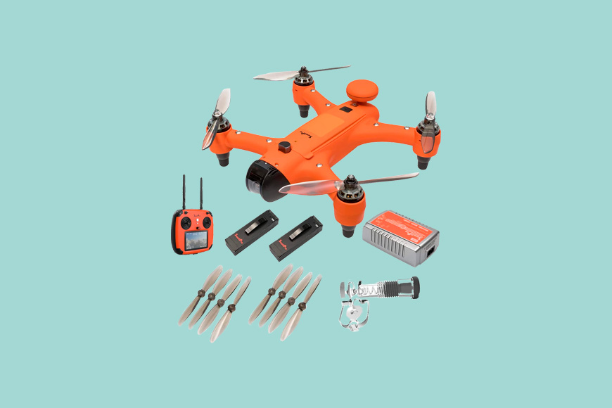 a Swellpro Spry Drone plus accessories on a green background.