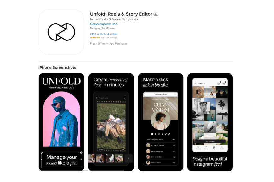 a screen of Unfold App home page
