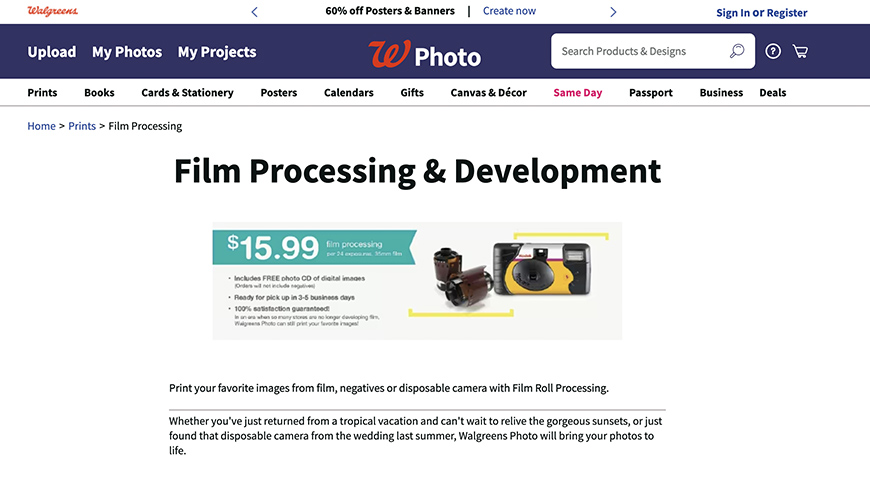 a screen shot of walgreens page for film processing and development service.