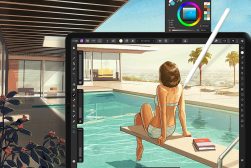 a woman sitting on a ledge next to a pool on Affinity Photo ipad screen
