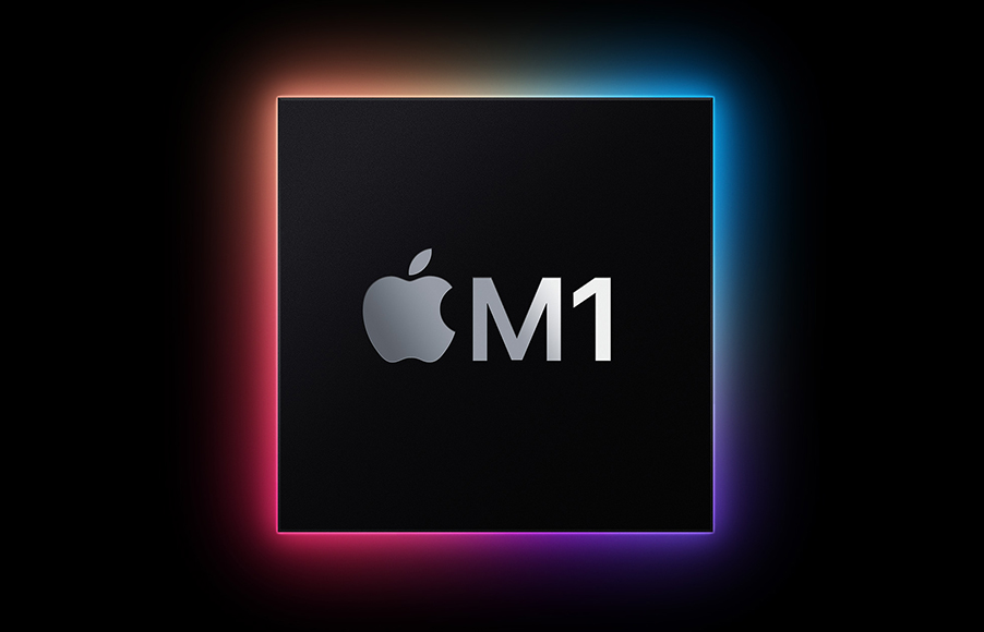 an apple m1 chip on a black background.