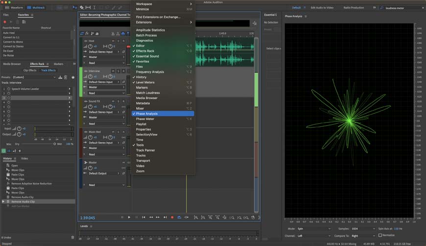 screenshot of Adobe Audition showing the workspace customization options 