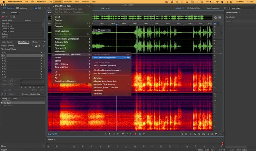 a screenshot of adobe audition showing the Noise Reduction effect menu