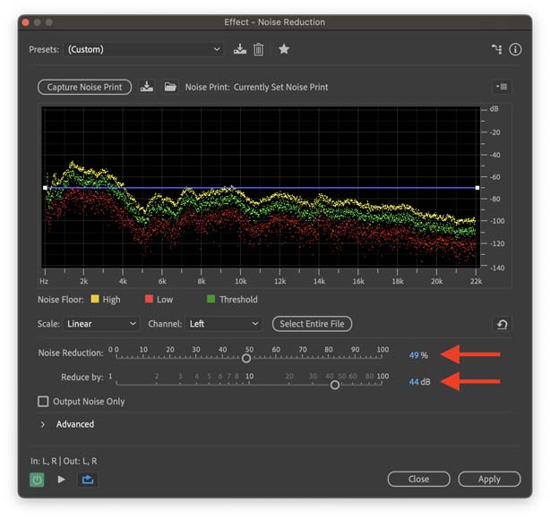 a screenshot of adobe audition showing the noise reduction settings