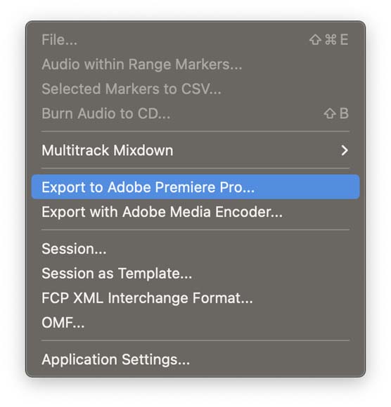 screenshot of Adobe Audition showing the export to Premiere Pro option 