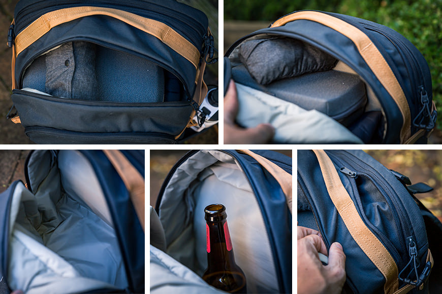 The main compartment is sized well for additional items, such as a jacket and tech pouch. It's also the expandable compartment too. The beer bottle is only there to indicate the compartment height, honest.