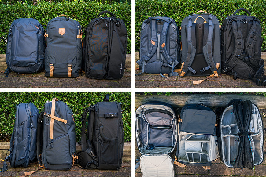 The 30L Peak Design Travel Backpack, 35L Moment The DayChaser, and 30L GuraGear Kiboko for comparison.
