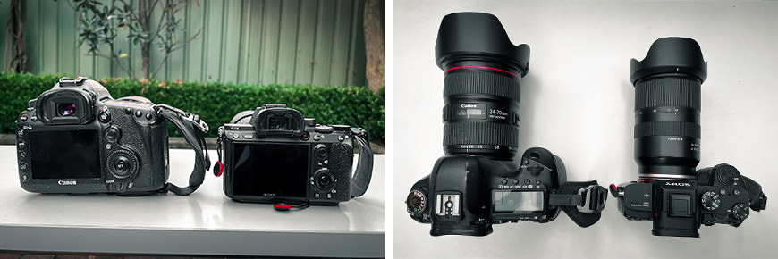 Comparison image of the original Clutch on a full-frame camera and the Micro Clutch on the Mirrorless camera