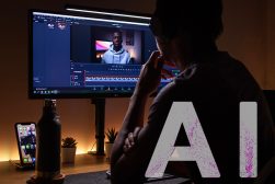a man sitting in front of a computer monitor editing a video using AI.