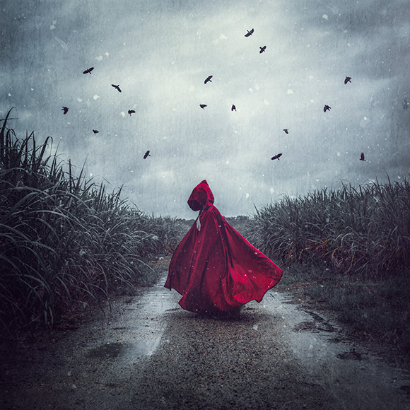 a woman in a red raincoat walking down a road.