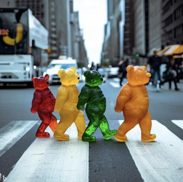 a group of gummy bears walking across a street.