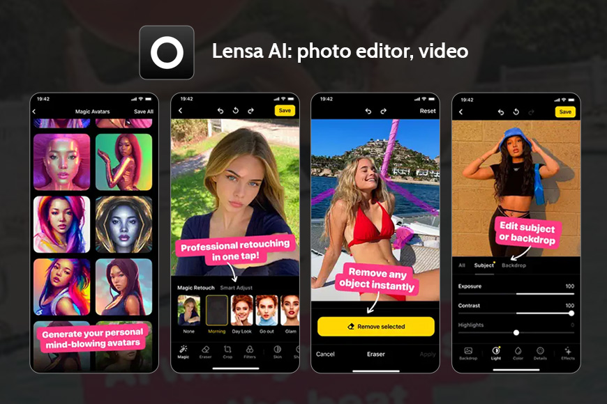 A screenshot of Lensa Ai photo editor app homepage.