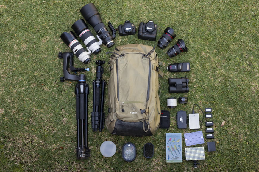a backpack, camera, lens, and other items laid out on the grass.