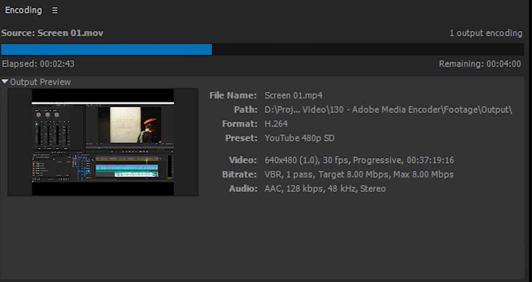 a screen shot of the encoding panel in Adobe Media Encoder