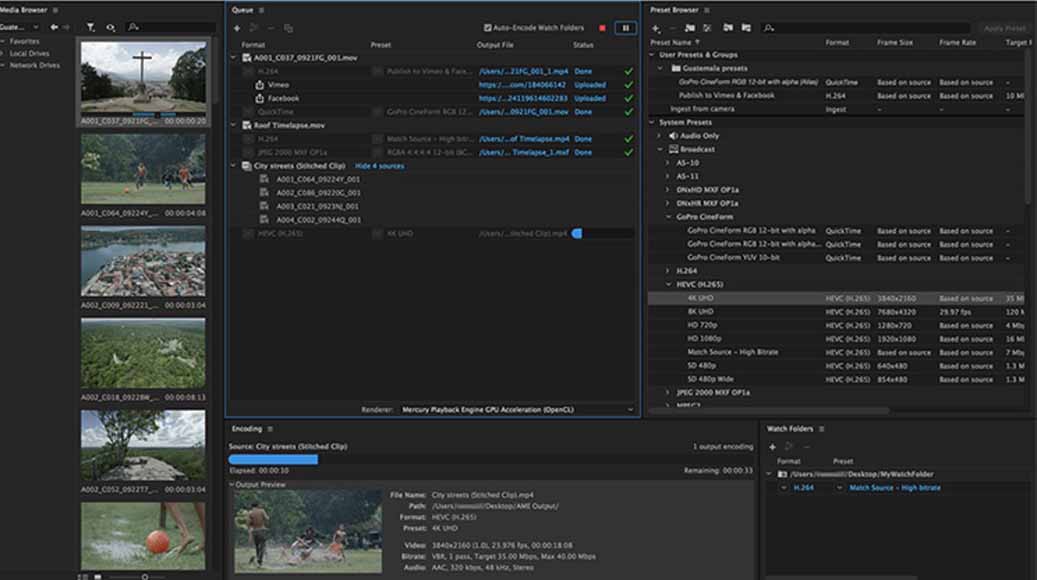a screenshot of Adobe Media Encoder showing the different settings