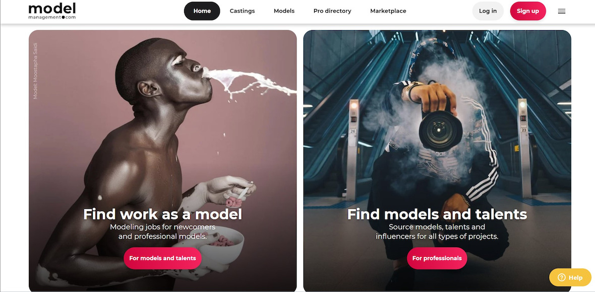 a website with two images of a man and a woman on Model Management homepage