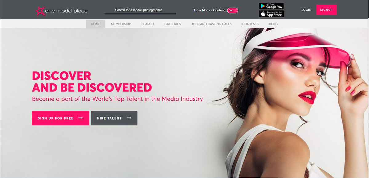 a woman is wearing a pink hat and a pink hat on One Model Place homepage.