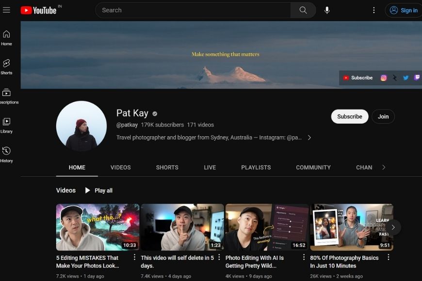 a screen shot of the youtube channel of Pat Kay.