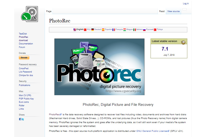 a screen shot of the PhotoRec homepage.