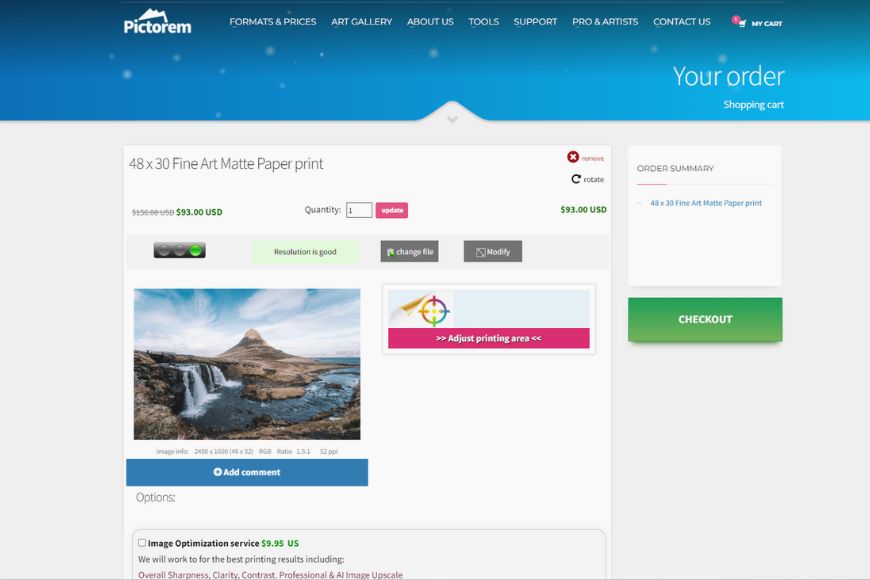 A screen shot of a website with a picture of a waterfall.