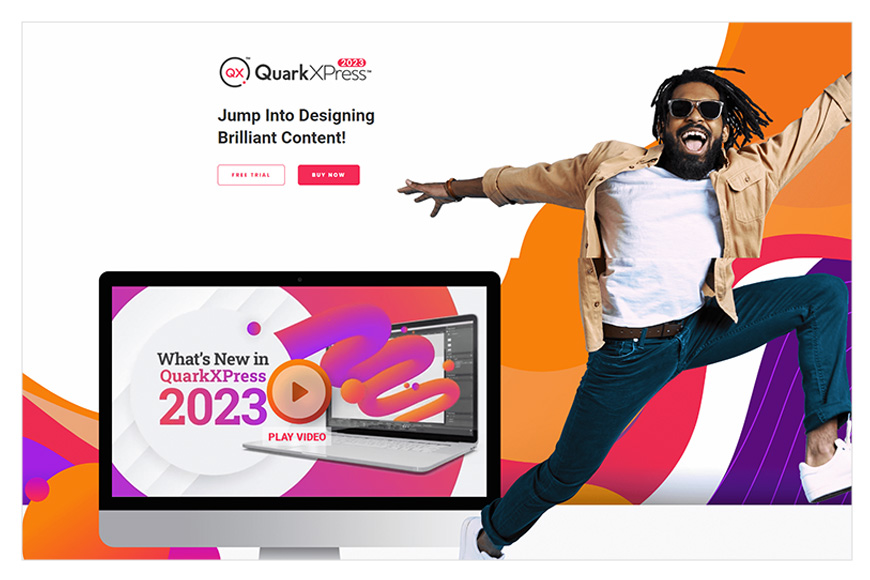 a man is jumping in front of a computer screen on QuarkXPress homepage
