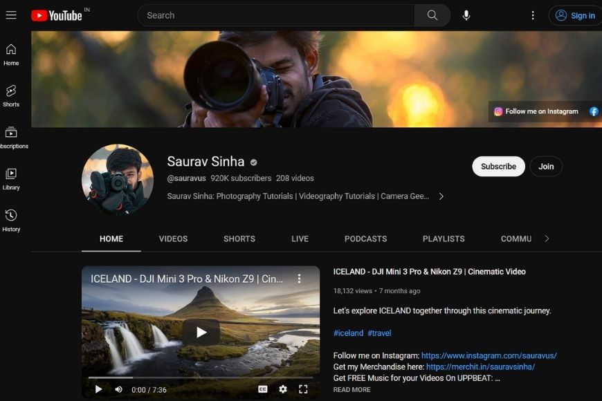 a screen shot of youtube page of Saurav Sinha.