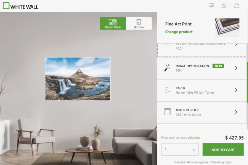 A picture of a living room with a picture of a waterfall.