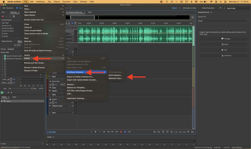 a sound editor with two arrows pointing to the export options.